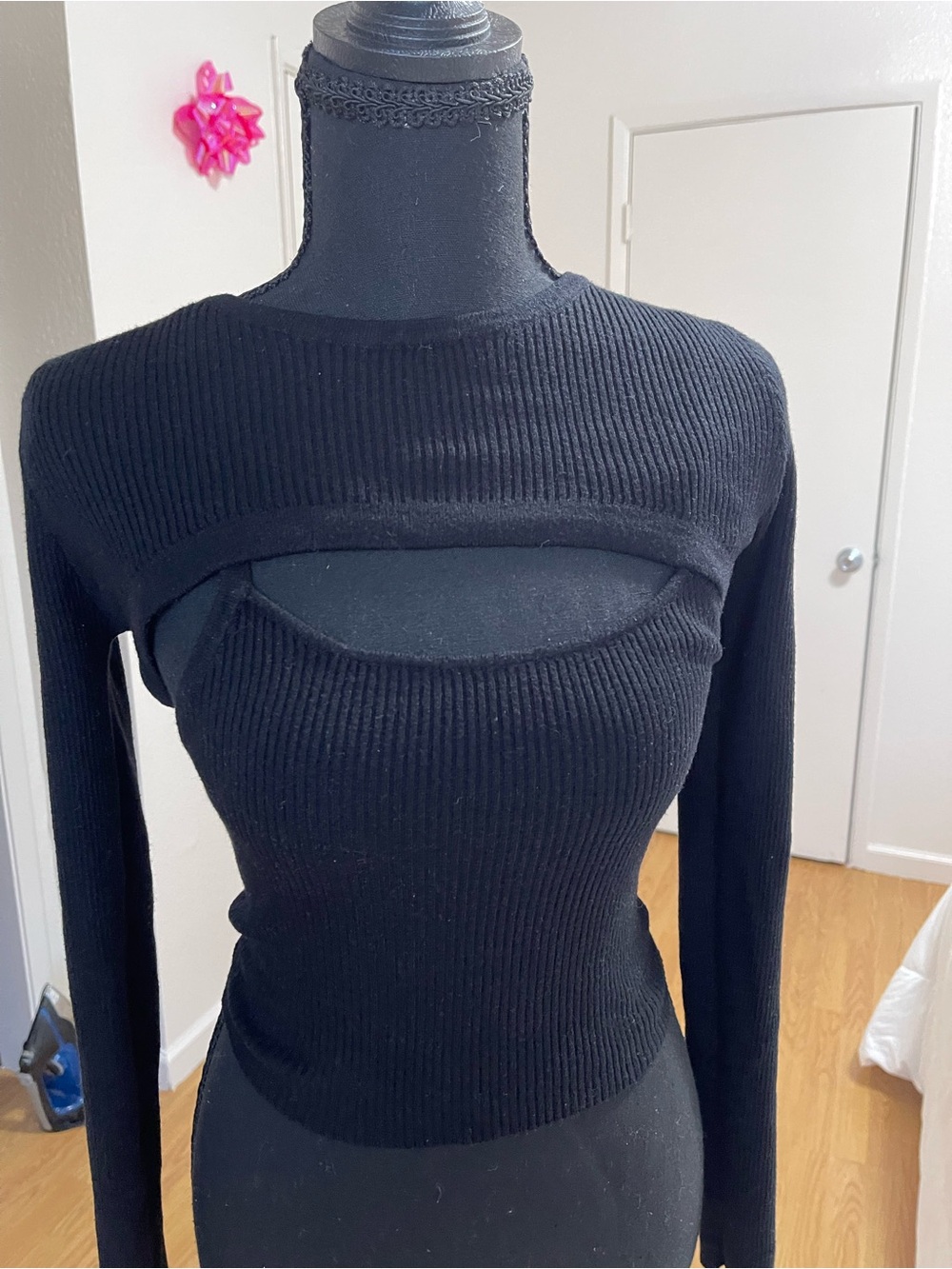 Black Ribbed Cutout Long Sleeve Top